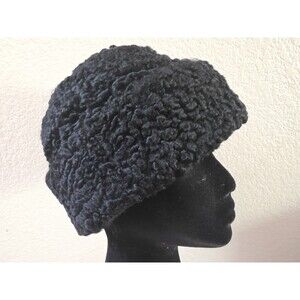 Vintage Black Persian Lamb's Wool Fur Hat Drop Down Ear Protection Unisex Large